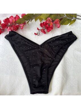 VICTORIA'S SECRET M BLACK RHINESTONE BLING BRAZILIAN HIGH LEG THONG PANTIES NWT